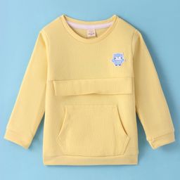 Olio Kids Cotton Knit Full Sleeves Winter T-Shirt with Kangaroo Pockets & Owl Patch - Lemon Yellow-image-85