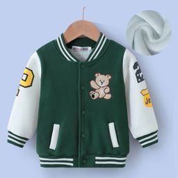 Kookie Kids Full Sleeves Bomber Jacket with Teddy Applique - Dark Green-picture-26