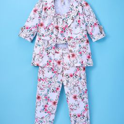 Enfance Full Sleeves Floral Printed Jacket With Crop Top & Coordinating Pant Set - Multi Colour-image-94