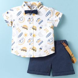 ToffyHouse Cotton Woven Half Sleeves Beach Theme Printed Shirt & Shorts Set with Bow & Suspender - White & Navy Blue-image-52