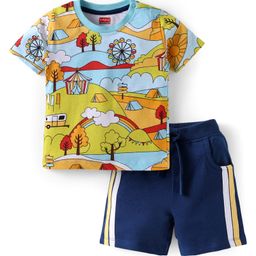 Babyhug Single Jersey Knit Half Sleeves Printed T-Shirt & Striped Shorts Set - Blue-image-47