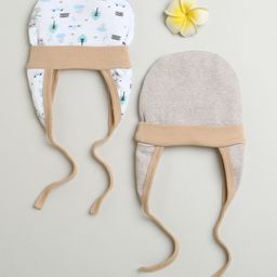 BUMZEE Cotton Pack Of 2 Striped & Vehicles Printed Tying Caps With Ear Flaps - Brown & White-23