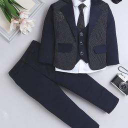 Fourfolds Cotton Blend Full Sleeves Polka Dots Printed 3 Piece Part Suit Set - Navy Blue-93