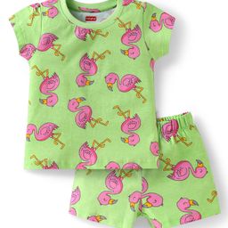 Babyhug CottonKnitHalf Sleeves Shorts Night Suit with Flamingo Print - Green-image-71