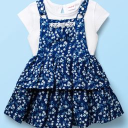 Babyhug Cotton Knit Frock & Half Sleeves Inner Tee With Floral Print & Lace Detailing - Navy Blue & White-image-54