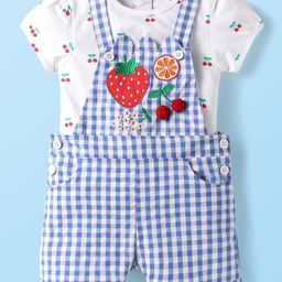 Babyhug Single Jersey Knit Half Sleeves Inner Top & Dungaree with Checks & Cherry Print - White & Blue-image-24