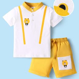 Mark & Mia Cotton Knit Half Sleeves Mandarin Collar T-Shirt & Shorts Set With Pocket & Graphics Detailing - White & Yellow-image-82