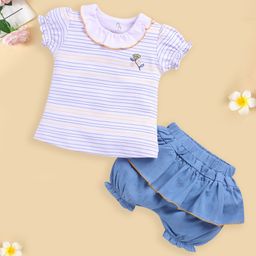 BABY GO Cotton Half Puffed Sleeves Striped & Frill Detailed Tee & Shorts Set - Light Blue-image-14