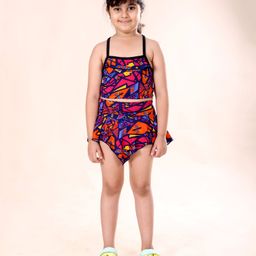 Kiddopanti Sleeveless Abstract Printed Coordinating Top & Asymmetrical Skirt Set - Navy Blue & Pink-26