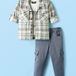 Dapper Dudes Full Sleeves Checked Shirt With Typography Printed Tee & Solid Pocket Detailed Pant Set - Fawn-image-26