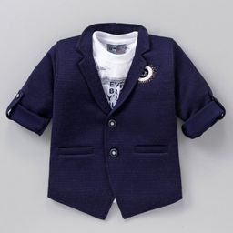Dapper Dudes Full Sleeves Shimmered Blazer & Typography Printed Tee - Navy Blue-image-81