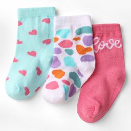 Cute Walk by Babyhug Knit Ankle Length Anti Bacterial Socks with Heart Design Pack of 3 - Pink White & Light Blue-image-96