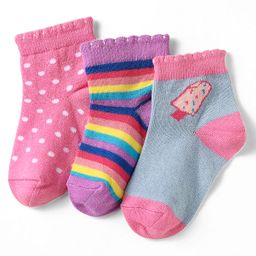 Cute Walk by Babyhug Knit Ankle Length Antibacterial Socks With Polka Dot Design & Stripes Pack Of 3 - Pink & Purple-image-74
