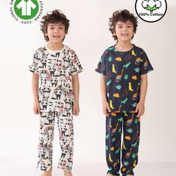 Anthrilo 100% Organic Cotton Knit Pack Of 2 Half Sleeves Panda & Dinosaur Printed Coordinating Night Suit Sets - White & Navy-image-68