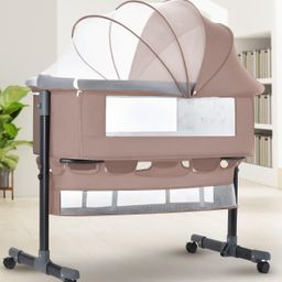 BAYBEE 3 in 1 Baby Bedside Crib Cradle with 2 Height Adjustments, Portable Mesh Convertible Bedside Bassinet for Kids, Multi-Purpose Storage Tray, Wheels, Travel Crib Cot for Baby 0 to 3 Years (Beige)-image-91