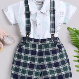 Wonderchild Interlock Woven Half Sleeves Tiger Printed Shirt & Checked Shorts With Suspender Set - White-image-15