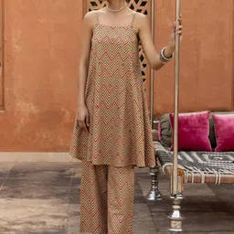 FIORRA Chevron Printed Regular Square Neck Sleeveless Pure Cotton Kurta With Palazzos-17