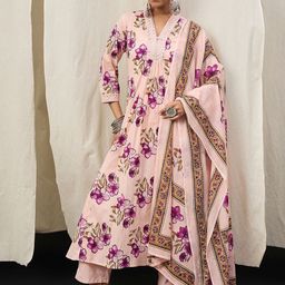 Anouk Floral Printed Beads And Stones Pure Cotton Kurta With Trousers & Dupatta-8
