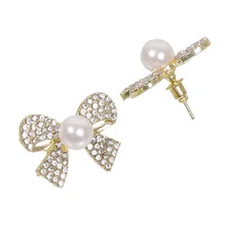 FIMBUL Gold-Plated Pearls & Artificial Stones Studded Beaded Bow Shaped Studs image 2