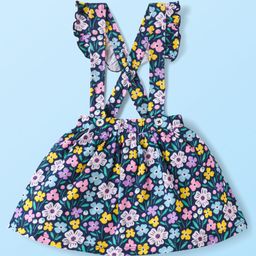 Babyhug Single Jersey Knit Cap Sleeves Top & Skirt Set With Floral Print & Attached Suspender - White & Navy Blue image 5