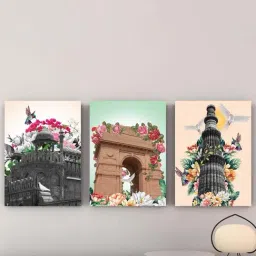 Art Street Multicolor Engineered Wood Stretched Painting Qutub Minar & India Gate Art - Set of 3-picture-9
