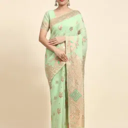 JUST FASHION Mint Green Linen Woven Saree With Unstitched Blouse-image-72