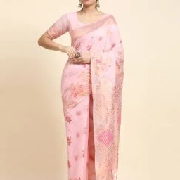 JUST FASHION Pink Linen Woven Saree With Unstitched Blouse-picture-11