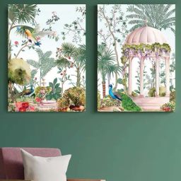Art Street Multicolor Engineered Wood Stretched Painting Mughal Garden With Peacock Art - Set of 2-48