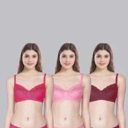 AROUSY Maroon & Pink Cotton Self Pattern Bra Panty Set - Pack Of 3-image-89