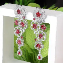 Zeneme Rhodium Plated Silver Red Crystal AD Studded Dangler Earrings-image-27