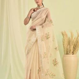 Sutra Attire Beige Hand Embroidered Floral Kota Doria Saree-image-30