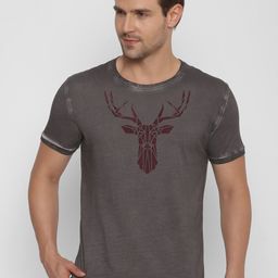 YAK YAK Men Grey Printed Round Neck Slim Fit Pure Cotton T-shirt-image-66