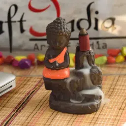 Meditating Monk Buddha Decorative Showpiece with 10 free Smoke Backflow Scented Cone Incenses-image-90
