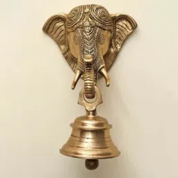 Ekaa Handicrafts Brass Lord Ganesh / Ganesha Mask With Bell Wall Hanging-picture-0