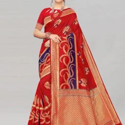 Satrani Maroon Woven Saree With Unstitched Blouse-image-54