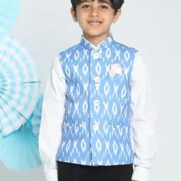 VASTRAMAY Kids Blue & White Cotton Printed Nehru Jacket-picture-14