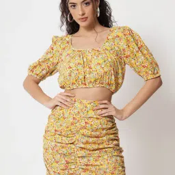 Trend Arrest Yellow Floral Print Crop Top With Skirt-19