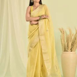 Sutra Attire Yellow Gota Patti Work Linen Tissue Saree-image-71
