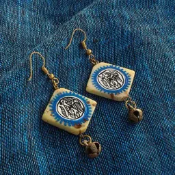 ExclusiveLane 'Tribal Warli Squares' Blue & Ivory Brass Resin Earrings Handpainted in Warli Art-12