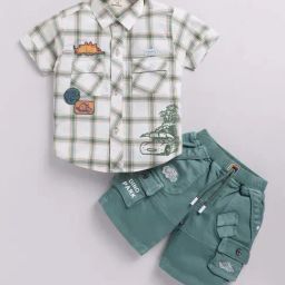 UNO KIDS Boys White & Green Cotton Checks Top & Short sets-image-33
