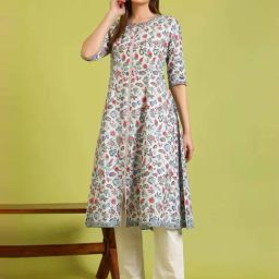 W for Woman Light Blue Floral Glitter Printed Pure Cotton Anarkali Kurta-picture-44