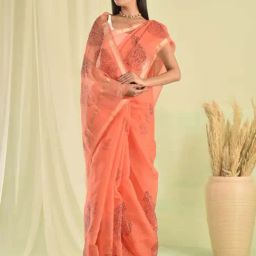 Sutra Attire Peach Hand Block Printed Kota Doria Saree-image-31