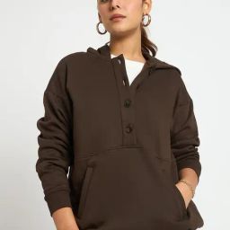 FEMMELLA Brown Relaxed Fit Solid Hooded Sweatshirt-image-1