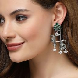 Karatcart Oxidized Silver Green Carved Stone Dangler Earrings for Women image 3