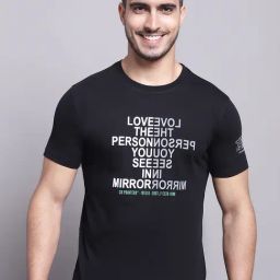 Cantabil Black Regular Fit Printed Crew T-Shirt-picture-2