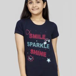 3PIN Girls Navy Cotton Printed T-Shirts-image-9