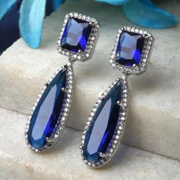 Zeneme Silver Plated Brass Blue AD Studded Teardrop Drop Earrings-25