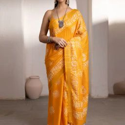 Soch Mustard Linen Printed Saree With Unstitched Blouse-picture-12