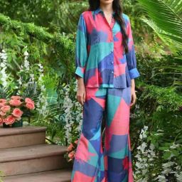Mahee Jaipur Blue & Green Blue and Green Geometric Botanic design Shirt with Pant Co-ord Set-image-1