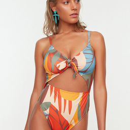 Trendyol Women Cream-Coloured & Orange Tropical Print Bodysuit-image-58